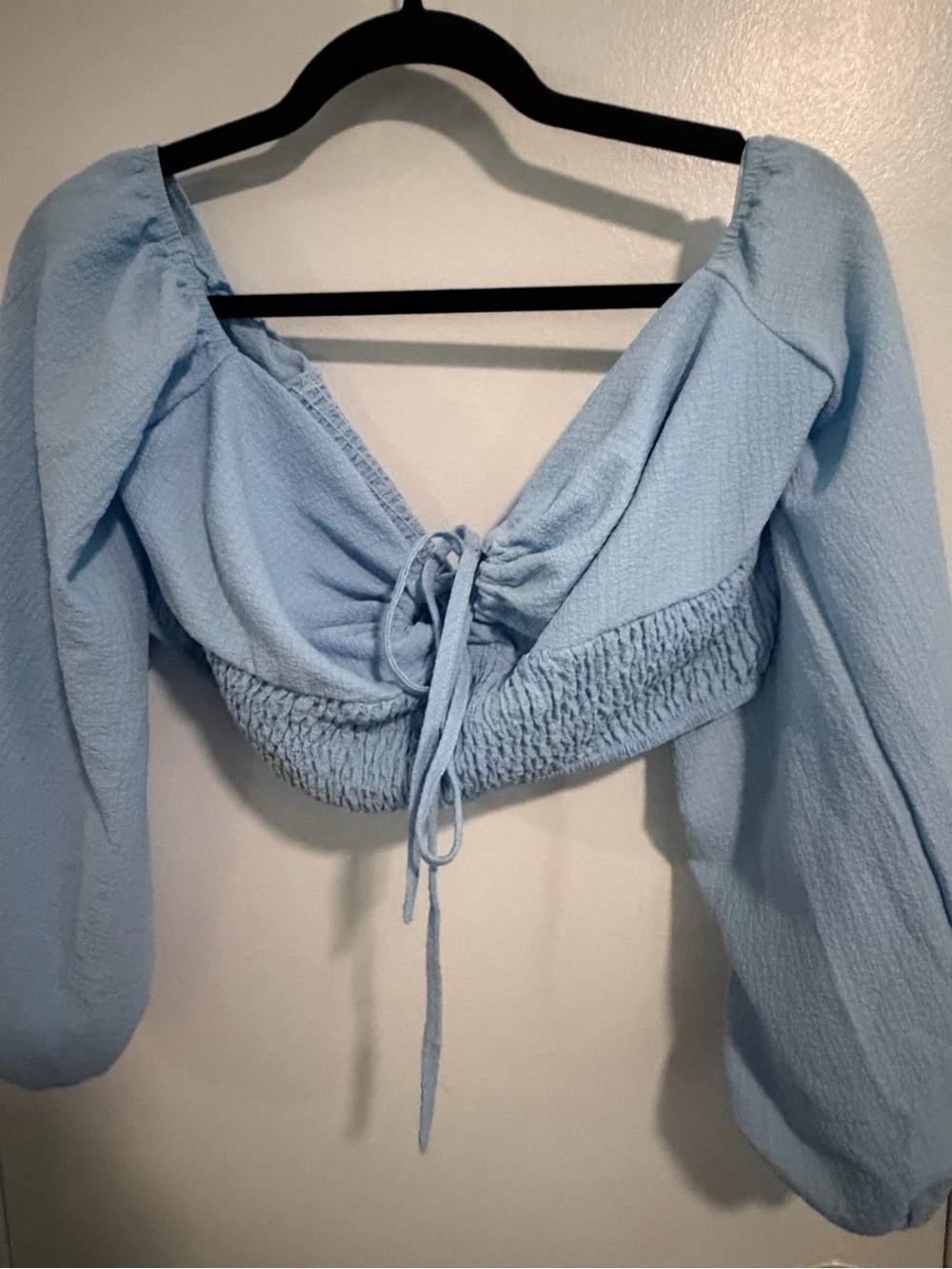 SHEIN Curve Light Blue Smocked Tie-Front Crop Top